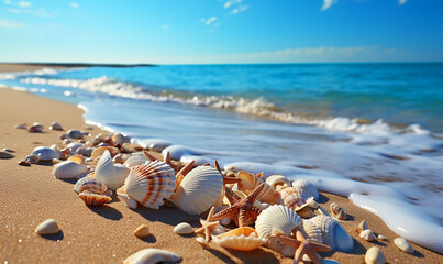 seashells and smooth pebbles delicately adorn the sandy beach, telling tales of ocean journeys and timeless tides