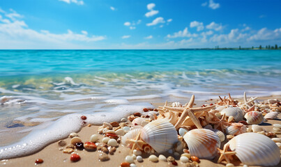 Fototapeta na wymiar seashells and smooth pebbles delicately adorn the sandy beach, telling tales of ocean journeys and timeless tides