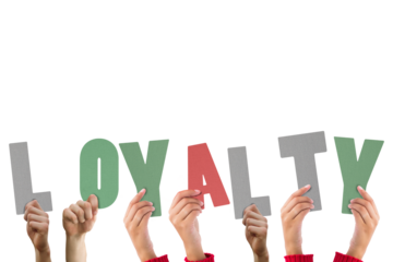 Digital png illustration of hands with loyalty text on transparent background