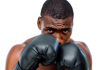 Digital png photo of african american male boxer with boxing gloves on transparent background