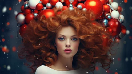 Foto auf Glas Christmas Woman Beauty. Beautiful Girl hairstyle in Fir Tree decor with Xmas Ornaments. Women Face Skin Winter Care. Fashion Model © PaulShlykov