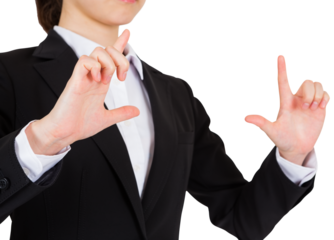 Digital png photo of midsection of asian businesswoman with hands up on transparent background