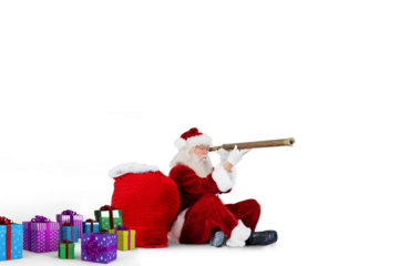 Digital png photo of santa claus sitting and looking through telescope on transparent background