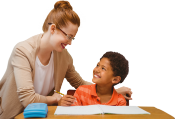 Digital png photo of happy diverse female teacher and schoolboy on transparent background