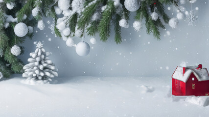 Fototapeta na wymiar Christmas Snowy Fir Tree and Toys Background - Festive Holiday Decor. Generative AI.
