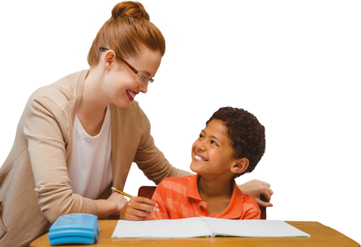 Digital png photo of happy diverse female teacher and schoolboy on transparent background - Powered by Adobe
