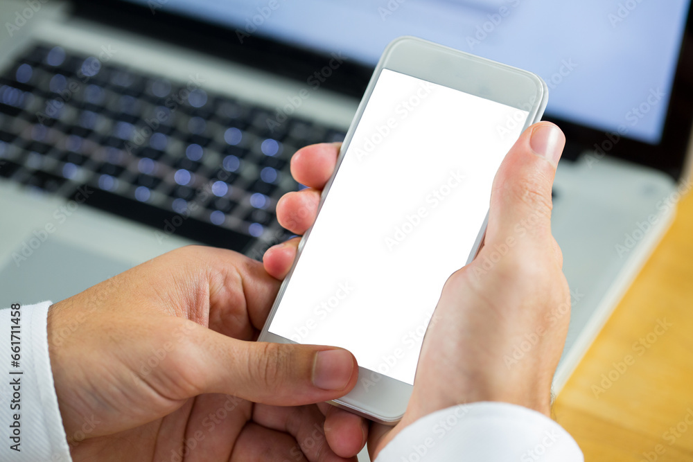 Poster digital png photo of hands with smartphone with copy space on transparent background