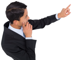 Digital png photo of biracial businessman pointing on transparent background