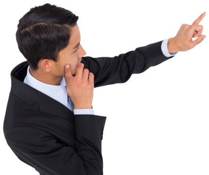 Digital png photo of biracial businessman pointing on transparent background