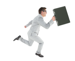 Digital png photo of caucasian businessman with suitcase running on transparent background