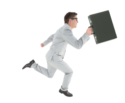 Digital png photo of caucasian businessman with suitcase running on transparent background