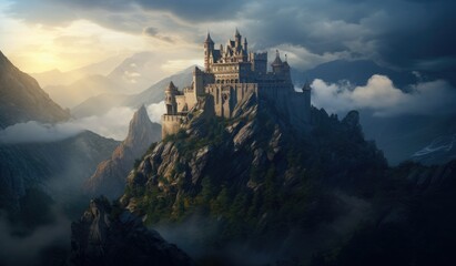 A charming gothic castle fortress sits at the top - obrazy, fototapety, plakaty
