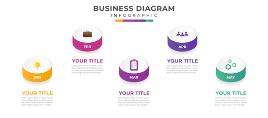Timeline concept presentation visualization with 5 steps. Can be used for workflow layout, diagrams, web design.