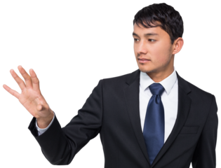 Digital png photo of biracial businessman pointing on transparent background