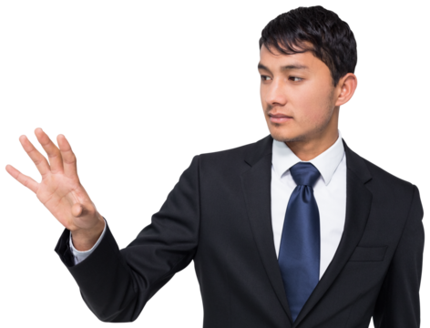 Digital png photo of biracial businessman pointing on transparent background