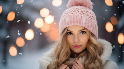 Outdoor portrait of a blond young model in the street and wearing a pink beanie or stocking hat. Winter and snowing.