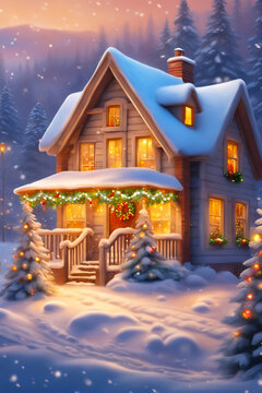 christmas house in the snow