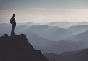 silhouette of a person standing on a mountain, silhouette of a person on a mountain top, 