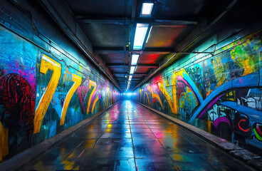 graffiti metro dark station subway train underground transportation tunnel urban lights illustration - obrazy, fototapety, plakaty