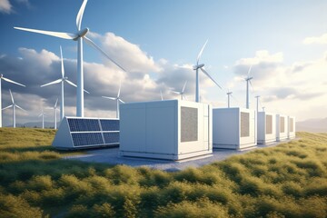 Modern battery energy storage system with wind turbines and solar in grass fields
