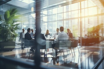 Business meeting in glass room office with blurred people background - obrazy, fototapety, plakaty