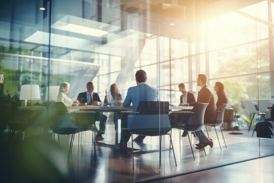 Business meeting in glass room office with blurred people background