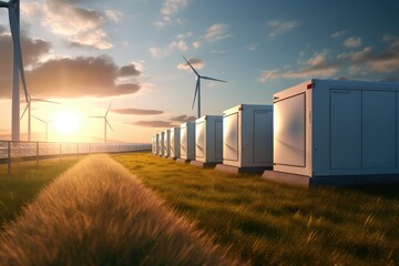Modern battery energy storage system with wind turbines and solar in grass fields - obrazy, fototapety, plakaty