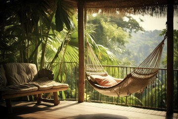 Hammock balcony of bamboo tree house in tropical forest. Creating a serene and relaxing ambiance surrounded by the nature.