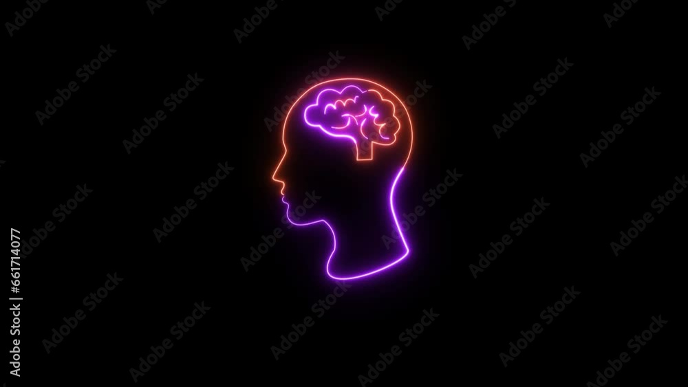 Poster neon brain icon animation. abstract circuit brain animation. glowing complicated brain. brain work i