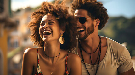 african american couple smiling happy traveling through europe, nomade lifestyle, world travel - obrazy, fototapety, plakaty