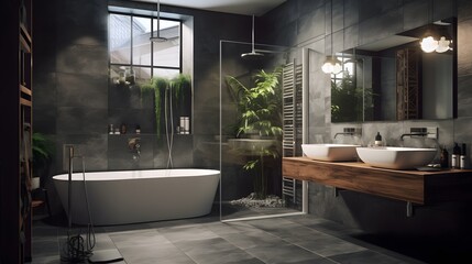 stylish bathroom interior modern bathroom modern tub and beautiful houseplants - obrazy, fototapety, plakaty