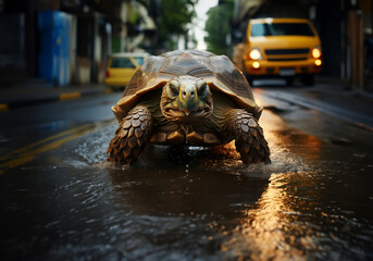 a turtle, traditionally known for its slow pace, is captured in a swift motion, speeding past pedestrians and vehicles