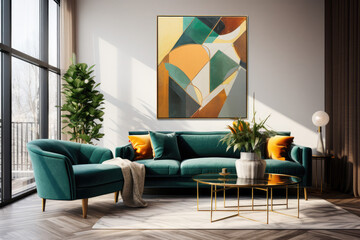 an art styled living room with green sofa