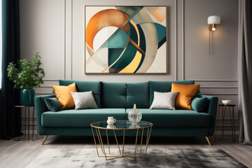 an art styled living room with green sofa