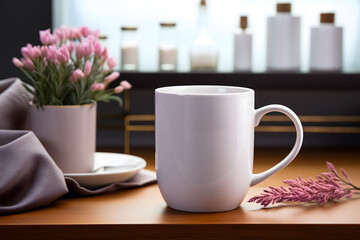Fototapeta premium cup of coffee and flowers, mug mock up