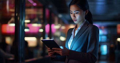 The businesswoman in her business suit is illuminated by dynamic and modern technology lighting design in both the foreground and background.