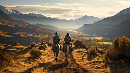 horseback riding through the mountains and streams of Argentine Patagonia, wonderful landscape, pure nature, Latin America - obrazy, fototapety, plakaty