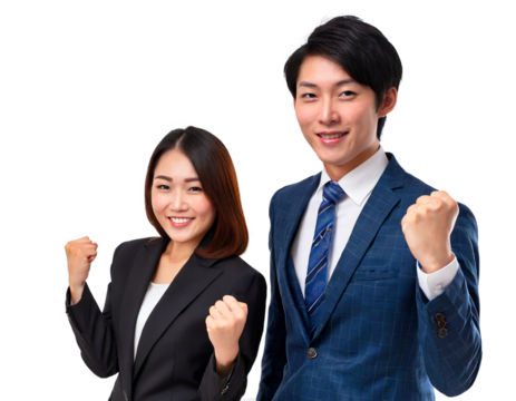 力強い意志:スーツ姿の男女がガッツポーズで闘志を示す(背景透過)
