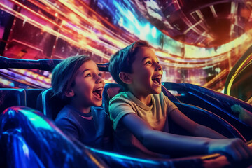 Child playing roller coaster in a theme park. - obrazy, fototapety, plakaty