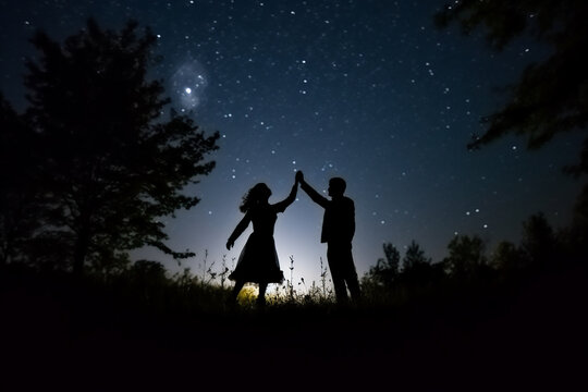 silhouette of a couples dancing at night.