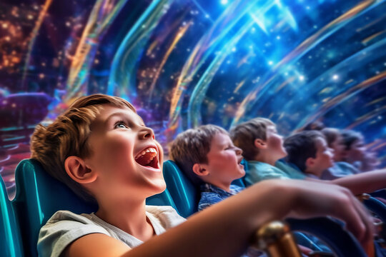Child playing roller coaster in a theme park.
