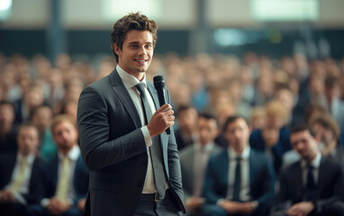 Fototapeta na wymiar Handsome businessman in a suit talking to larger audience