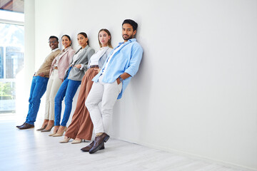 Professional, staff portrait and business people with entrepreneur and hiring employee with mockup space. Job interview, recruitment and leaning on wall with diversity and company team of worker idea