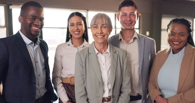 Diversity, lawyers and team, smile and face with business people in the workplace, solidarity and support. Attorney, collaboration and portrait of law firm with legal group and happy working together