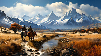 horseback riding through the mountains and streams of Argentine Patagonia, wonderful landscape, pure nature, Latin America - obrazy, fototapety, plakaty