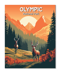 Vector Art of Olympic National Park. Template of Illustration Graphic Modern Poster for art prints or banner design