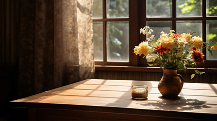 A wooden table with a vase of flowers