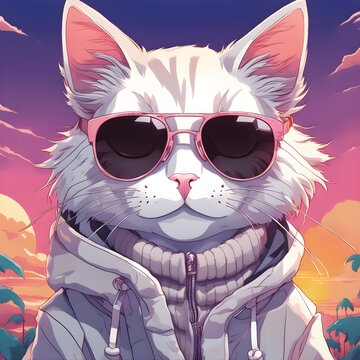 Cute cate with sun glass anime and 3d style AI Generate image