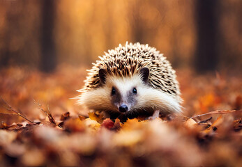 Enchanting Hedgehog in Autumn Foliage, 
Adorable Hedgehog Among Fall Leaves, 
Cute Prickly Friend in Autumnal Setting