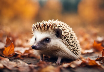 Fototapeta premium Enchanting Hedgehog in Autumn Foliage, Adorable Hedgehog Among Fall Leaves, Cute Prickly Friend in Autumnal Setting